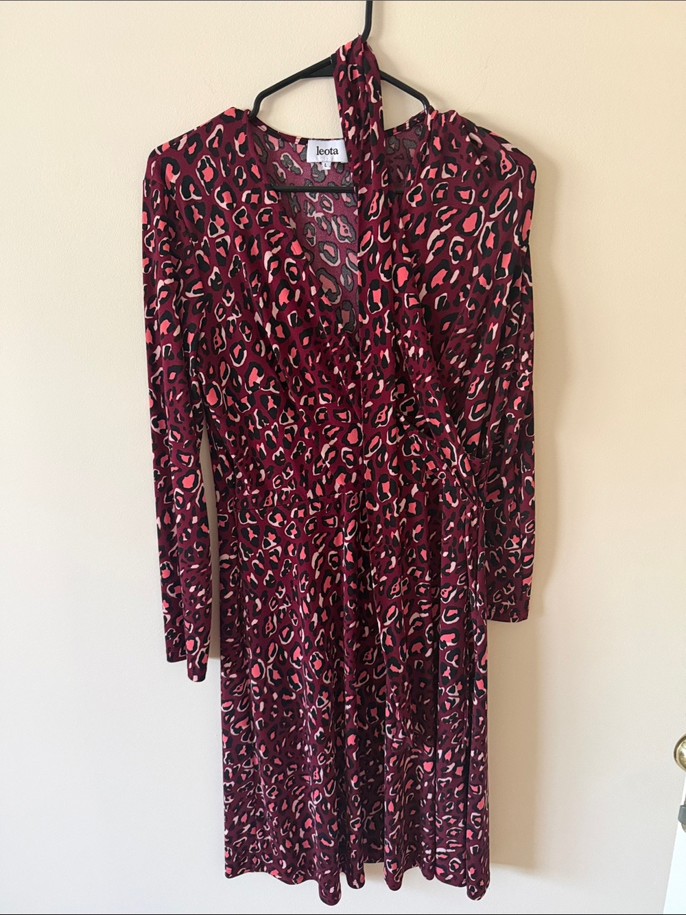 Leota Burgundy and Pink Leopard-Print Long Sleeve Wrap Dress